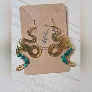 Gold and Green Snake Earrings